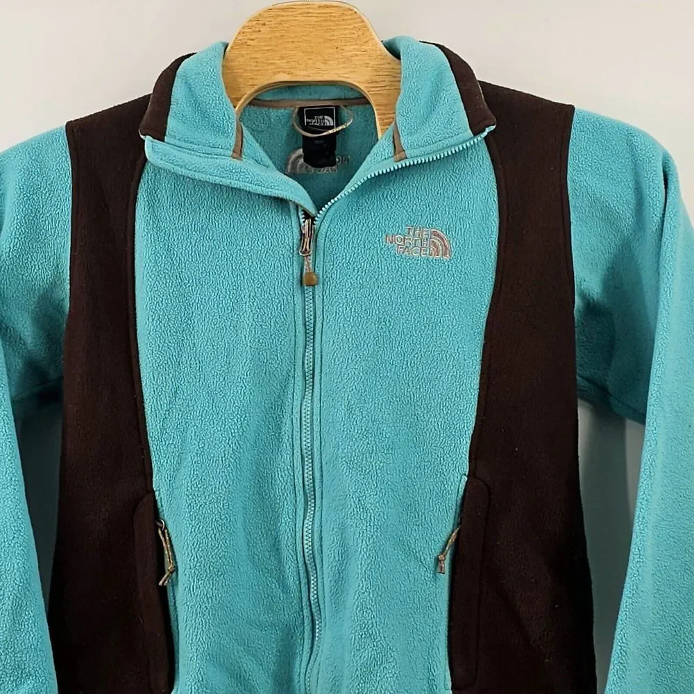 The North Face Fleece Jacket Size Medium Women Full Zip Teal / Brown Color Block
